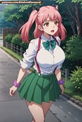 ai_generated aindroidparanoid big_breasts breasts fujinoki_nene hajimete_no_gal huge_breasts large_breasts massive_breasts miniskirt nipples outdoors park pink_hair ribbon school_uniform schoolgirl shirt short_hair skirt stable_diffusion twintails yellow_eyes