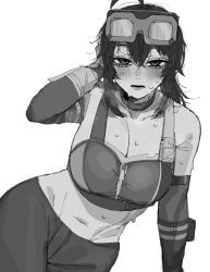 1girls belly belly_button big_breasts black_and_white busty carrot_011 cleavage clothed female female_only goggles goggles_on_head grace_howard hands_behind_head hoyoverse huge_breasts large_breasts mechanic midriff mihoyo monochrome ponytail smile smiling sweat sweating sweaty tagme tied_hair tomboy tummy zenless_zone_zero