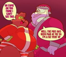 2boys anthro anthro_only anthrofied anukkyt bottom_(anukkyt) bulge bulge_down_leg bulge_frottage bulge_grab bulge_rubbing bulge_through_clothing bulge_under_clothes christmas christmas_clothing christmas_hat christmas_headwear christmas_outfit chubby chubby_anthro chubby_belly chubby_male comic comic_page english english_dialogue english_text eyes_half_closed eyes_half_open fat fat_man fully_clothed fully_clothed_anthro fully_clothed_male furry_male furry_only gay gay_male glasses glasses_on glasses_on_face grabbing grabbing_penis inminent_sex male male_focus male_only obese obese_anthro obese_male oc offering offering_sex original_character original_characters overweight overweight_anthro overweight_male pent_up santa santa_claus speech_bubble speech_bubbles suggestive suggestive_dialogue suggestive_gesture suggestive_look suggestive_smile touching touching_penis