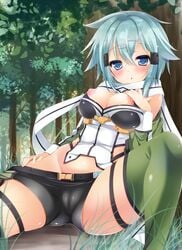 :o against_tree asada_shino blue_eyes blue_hair blush breasts cameltoe female foreshortening forest grass green_legwear groin gun_gale_online hand_on_own_chest large_breasts long_sleeves nature nipple_slip nipples off_shoulder outdoors parted_lips plant rinka_(yuyutei) scarf short_hair short_shorts shorts sinon solo spread_legs sword_art_online sword_art_online:_phantom_bullet thigh_strap thighhighs thighs tree underbust