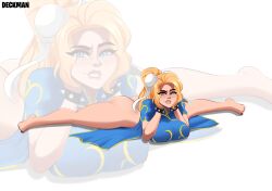 1girls absurd_res ass blonde_hair blue_eyes breasts chun-li_(cosplay) deckman female female_only hi_res large_breasts looking_at_viewer mrdeck original original_character solo spread_legs thighs