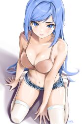 blue_eyes blue_hair bra chaesu cleavage jean_shorts kneeling long_hair looking_at_viewer medium_breasts minah navel shoulders stockings