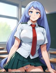ai_generated bangs blue_eyes blue_hair blush breasts chair classroom cleft_of_venus closed_mouth clothing collared_shirt desk female female_only female_pubic_hair green_skirt hadou_nejire indoors large_breasts lips long_hair looking_at_viewer miniskirt my_hero_academia necktie neckwear nejire_hado on_desk pleated_skirt pubic_hair red_necktie red_neckwear school_desk school_uniform shirt short_sleeves skirt smile solo standing thighs u.a._school_uniform uniform vagina very_long_hair white_shirt window wing_collar wodstudio
