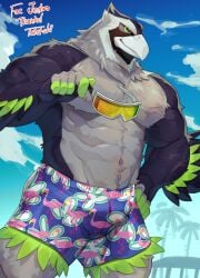 abs accipitrid accipitriform anthro avian biceps bird blitz_the_seahawk bulge clothing eyewear feathers floral_pattern grin grinning_at_viewer hand_on_hip hi_res holding_eyewear holding_object holding_sunglasses male mascot muscular muscular_anthro muscular_male neck_tuft nfl pecs seahawk seattle_seahawks smile solo sunglasses swimming_trunks swimwear tos_tos_f_ski tuft