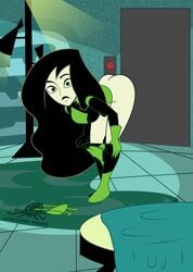 ass bedroom bent_over big_ass black_hair bottomless breasts disney female full_body gloves green_eyes green_skin human indoors kim_possible large_breasts levelord long_hair shego solo standing undressing very_long_hair wide_eyed