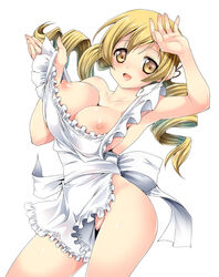 apron blonde_hair breasts brown_eyes cowboy_shot curvaceous curvy curvy_body curvy_female curvy_figure drill_hair female happy human human_only kurosawa_kiyotaka large_breasts long_hair magical_girl mahou_shoujo_madoka_magica mami_tomoe naked_apron nipples open_mouth puella_magi_madoka_magica puffy_nipples simple_background smile solo tomoe_mami white_background