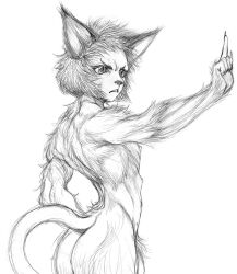 anthro ass biped felid feline frown fuckboy fur hair kemono male mammal marudi monochrome multi_nipple nipples nude nude_anthro nude_male raised_finger rear_view simple_background solo standing tail traditional_media_(artwork) white_background