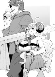 anila_(granblue_fantasy) beverage big_breasts black_and_white curly_hair curvy curvy_female curvy_figure draph draph_race_(granblue_fantasy) gran_(granblue_fantasy) granblue_fantasy hi_res high_resolution highres horns huge_breasts human human_male looking_at_another looking_at_partner sfw shorter_female shortstack side_by_side size_difference skirt slim_waist smile smiling smiling_at_another sole_female sole_male taller_male walking yuumano_yuuki