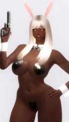 brown_body brown_skin bunny_ears bunny_girl dark-skinned_female dark_skin gun heart_pasties huge_ass huge_breasts skyrim the_elder_scrolls