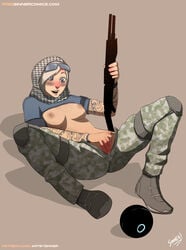 1girls areolae artist_name belly blue_eyes boots breasts eyewear facepaint facial_mark female female_only glasses gun high_resolution holding_gun holding_weapon hood hood_up jeans labia_minora masturbation megane military navel nipples pants pussy rainbow_six rainbow_six_siege shirt_lift shoes short_hair shotgun signature sillygirl silver_hair sinner solo spread_legs sunglasses tattoo tattoos tom_clancy track_pants vagina valkyrie_(rainbow_six) weapon web_address white_hair