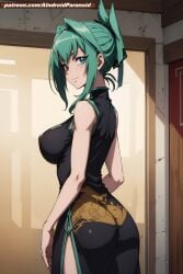 ai_generated aindroidparanoid ass ass_focus big_ass big_breasts breasts dress fat_ass green_eyes green_hair hips hourglass_figure huge_breasts narrow_waist nipples ponytail shaman shaman_king short_hair slim slim_waist stable_diffusion taller_girl tao_jun thick_ass tight_clothing voluptuous wide_hips