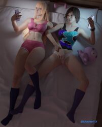 2girls 3d 3d_(artwork) casual_nudity dominant_female emilie_de_rochefort fingering kazama_asuka lesbian_sex multiple_girls multitasking namco rubbing_pussy shaddoll_x socks submissive_female tekken tekken_8 yuri