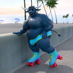 2024 13254 1:1 3d 5_fingers 80's_theme anthro ass aviator_glasses balls barely_visible_balls barely_visible_genitalia beach beard belly big_butt blue_body blue_nipples bodily_fluids body_hair bottomwear bovid bovine breasts cattle clothed clothing codans digit_ring digital_media_(artwork) erect_nipples eyewear facial_hair facial_piercing fingers footwear genitals glasses glistening glistening_body hair hand_on_hip happy_trail hi_res horn hotpants jewelry male mammal multicolored_body neon_colors nipples no_underwear nose_piercing nose_ring odis_(codans) palm_tree piercing plant ring ring_piercing roller_skates shirtless shorts solo sweat tail thick_arms thick_thighs tree two_tone_body umbrella wedding_ring