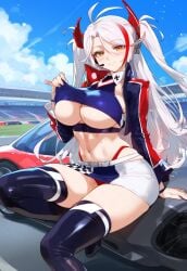 ai_generated azur_lane belly_button big_breasts choker long_hair orange_eyes pigtails prinz_eugen_(final_lap)_(azur_lane) tagme thick_thighs thong thong_straps truck_kun white_hair