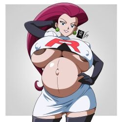 1girls alternate_version_available areola areola_slip areolae belly big_belly big_breasts big_nipples blue_eyes breasts covered_nipples earrings elbow_gloves female female_only fungus-man gigantic_breasts hand_on_head hand_on_hip huge_breasts jessie_(pokemon) large_breasts light-skinned_female light_skin lipstick long_hair looking_at_viewer mature mature_female midriff navel nintendo nipple pokemon pregnant ready_to_pop red_hair self_upload skirt solo solo_focus team_rocket team_rocket_uniform thighhighs thighs watermark wide_hips
