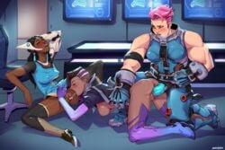 2d 3girls abs acht all_fours ass blizzard_entertainment blue_eyes blush boots breasts brown_hair closed_eyes covered_breasts dark-skinned_female dark_skin elbow_gloves female female_only gauntlets gloves hair_ornament insertion interracial long_hair mechanical_arm multicolored_hair multiple_girls muscle muscular_female nipples overwatch penetration pink_hair purple_hair pussy shoes short_hair sideboob sombra spread_legs strap-on symmetra thigh_boots thighhighs tongue tongue_out two_tone_hair undercut vagina vaginal_insertion vaginal_penetration yuri zarya