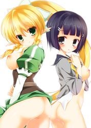 2girls alfheim_online ass bad_id bad_pixiv_id black_eyes black_hair blonde_hair bottomless braid breasts dual_persona elf green_eyes highres kirigaya_suguha large_breasts leafa long_hair medium_breasts multiple_girls nipples no_bra no_panties open_clothes open_skirt pointy_ears ponytail rinka_(yuyutei) school_uniform short_hair skirt sword_art_online sword_art_online:_fairy_dance sylph tied_hair twin_braids