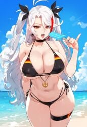 ai_generated azur_lane big_breasts bikini choker german_flag_bikini long_hair looking_at_viewer ocean open_mouth orange_eyes pigtails prinz_eugen_(azur_lane) sweat thick_thighs tongue_out truck_kun