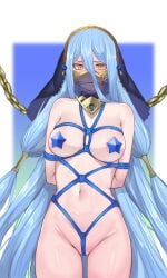 1girls arms_behind_back azura_(fire_emblem) azura_(performing_arts)_(fire_emblem) blue_hair bondage bound chains collar female female_only femsub fire_emblem fire_emblem_fates gag gagged lock medium_breasts mouth_veil nintendo pasties pocari66 restrained see-through solo veil very_long_hair yellow_eyes