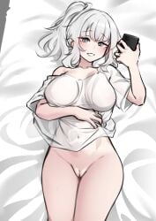 absurdres bed_sheet blunt_bangs blush breasts clothes_lift collarbone commission covered_navel covered_nipples female grey_eyes grin hand_on_own_stomach high_ponytail highres holding holding_phone k0ng large_breasts light_blush long_hair looking_at_viewer lying naked_shirt on_back on_bed original oversized_clothes oversized_shirt phone pussy raised_eyebrows see-through see-through_shirt shirt shirt_lift sidelocks single_off_shoulder smile teeth wavy_hair white_hair white_shirt