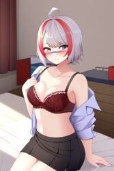 bed bedroom belly big_breasts black_skirt blue_eyes blue_shirt bra female hair_ornament indie_virtual_youtuber koalaslimeworld looking_at_viewer miniskirt multicolored_hair navel on_bed onolumi_(vtuber) partially_undressed red_bra red_hair shirt shirt_on_shoulders sitting sitting_on_bed skirt smile solo underwear undressing virtual_youtuber white_hair