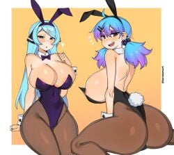 2girls ass breasts bunny_ears bunny_tail bunnysuit character_request copyright_request female female_only fran_(sait0moriyama) hi_res kuromaruart large_breasts looking_at_viewer multiple_girls pantyhose simple_background thick_ass thick_thighs thighs wide_hips