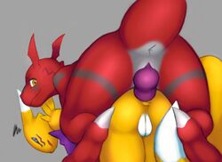 anal anthro black_sclera blue_eyes digimon duo female fur guilmon looking_back male penis pussy renamon scalie sex soapmonster straight yellow_fur