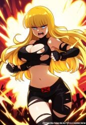 2024 ai_generated angry angry_face beautifulcabincrew blonde_hair blue_eyes magik_(illyana_rasputin) marvel marvel_comics mutant nipple_slip tight_clothing torn_clothes x-men