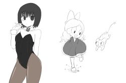 black_eyes black_hair blush bow bowtie bunnysuit catt flat_chest lobotomy_corporation monochrome project_moon the_road_home tight_clothing tights wonderlab