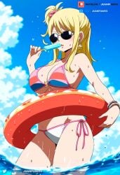 ai_generated big_ass big_breasts bikini blonde_hair bracelet brown_eyes clouds curvy curvy_figure fairy_tail float ice_cream juanpi_amvs long_hair lucy_heartfilia patreon patreon_username sea sky sunglasses sweatdrop tinted_eyewear water watermark yellow_hair