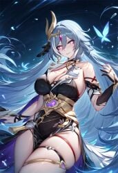 1girls ahy_(ai_artist) ai_generated cleavage cleavage_cutout female female_focus female_only fu_hua fu_hua_(herrscher_of_sentience) grey_hair hip_vent hip_windows hips hips_wider_than_shoulders honkai_(series) honkai_impact_3rd huge_breasts light-skinned_female light_skin long_hair looking_at_viewer red_eyes smile smiling smiling_at_viewer tagme thick_thighs thighs wide_hips