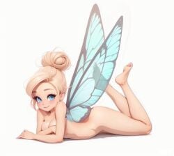 ai_generated blonde_hair blue_eyes disney disney_fairies hair_bun looking_at_viewer lying_on_stomach nude peter_pan_(disney) steel369 tasteful_nudity tinker_bell