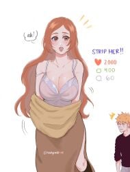 1boy 1girls big_breasts bleach bra breasts canon_couple cleavage clothed dress female husband_and_wife ichigo_kurosaki inoue_orihime light_skin luvlyroseve milf orange_hair strip_game surprised thigh_slit undressing