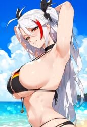 1female 1girls ai_generated armpits azur_lane big_breasts bikini blush choker german_flag_bikini long_hair looking_at_viewer pigtails prinz_eugen_(azur_lane) truck_kun white_hair