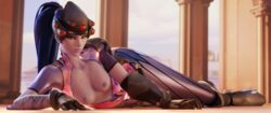 1girls 3d areolae black_hair blender bodysuit breasts female female_only long_hair looking_at_viewer nipples overwatch ponytail solo widowmaker yeero