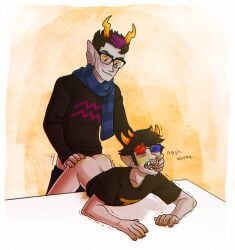 2boys 3d_glasses alien alien_humanoid black_hair black_hair_male bottomless clothed clothed_male colored_skin eridan_ampora fins gay glasses grey_skin grey_skin headgear headwear homestuck homestuck_troll horn horns humanoid humanoid_alien male male_focus male_only mobiusdouble mouth_hold open_mouth partially_clothed partially_clothed_male shirt shirt_only short_hair short_hair_male sollux_captor t-shirt troll tshirt yaoi