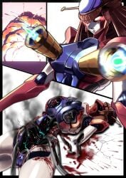 absurdres armor artist_request bad_id bad_pixiv_id blood blue_armor breast_missiles breasts broken brown_hair cable defeat explosion exposed_internal_machinery female glowing glowing_eyes great_mazinger highres mazinger_(series) mecha mecha_focus mechabare metal_hair multicolored_armor pussy red_armor robot robot_girl smoke super_robot venus_a white_armor