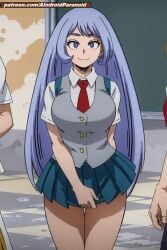 ai_generated aindroidparanoid big_breasts blue_eyes blue_hair boku_no_hero_academia breasts busty curvy grabbing_skirt hadou_nejire hourglass_figure huge_breasts large_breasts long_hair my_hero_academia nejire_hado school school_uniform schoolgirl shirt skirt stable_diffusion standing