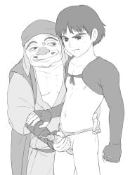 2boys age_difference ashitaka big_nose cum ejaculation erection fundoshi greyscale grin hand_on_another's_waist hand_on_another's_wrist handjob japanese_clothes jiko_bou male_focus mole mole_on_nose monochrome mononoke_hime multiple_boys nagatekkou nipples penis projectile_cum puffyphantom short_hair simple_background smile sweatdrop white_background yaoi