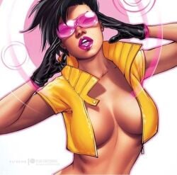 female jubilation_lee jubilee large_breasts marvel marvel_comics partially_clothed short_hair short_hair_female sunglasses tinted_eyewear x-men