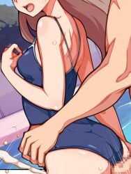 1boy arm_at_side ass breasts brown_hair censored clothed_female_nude_male commentary_request cum day ejaculation emphasis_lines female hand_up jasmine_(pokemon) long_hair mimizunooka mosaic_censoring nude one-piece_swimsuit open_mouth outdoors penis pokemon pool school_swimsuit shoulder_blades straight swimsuit thigh_sex tongue water