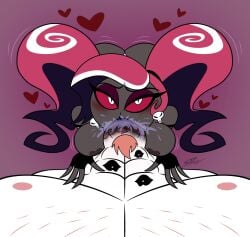 1boy 1girls blush cherri_bomb_(hazbin_hotel) fellatio genderswap_(ftm) hazbin_hotel heart rule_63 samperez tagme velvette_(hazbin_hotel)