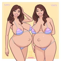 2girls areola_slip areolae belly big_belly big_breasts bikini breasts brown_hair bunintheoven female looking_at_viewer multiple_pregnancies outie_navel pregnant twins