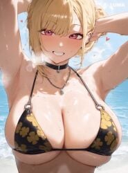 adjusting_hair ai_generated animated armpits arms_up beach bikini bikini_bottom blonde_hair breasts busty female female_only human kitagawa_marin large_breasts looking_at_viewer red_eyes smile smiling_at_viewer sono_bisque_doll_wa_koi_wo_suru tagme video