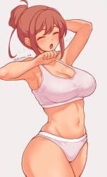 big_breasts doki_doki_literature_club hair_bun hand_behind_head koisa_34 monika_(doki_doki_literature_club) stretching thick_thighs white_bra white_panties yawn yawning_position