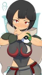 black_hair blush clothed human jellcaps large_breasts looking_at_viewer pants png pokemon pokemon_oras red_eyes short_hair tan_body tan_skin topwear zinnia_(pokemon)