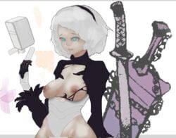 blue_eyes breasts female leotard nier nier:_automata torn_clothes white_hair yorha_2b