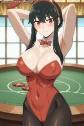 ai_generated aindroidparanoid big_breasts black_hair bunny_ears bunny_girl bunny_tail bunnysuit casino cleavage hot huge_breasts indoors red_eyes sensual sexy spy_x_family stable_diffusion yor_briar yor_forger