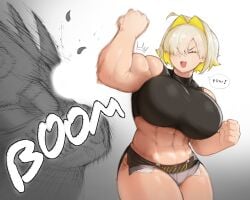 abs alternate_muscle_size booty_shorts breaking_somthing cute_fang elegg_(nikke) female goddess_of_victory:_nikke huge_breasts muscular_female punching short_shorts shorts simple_background sports_bra thick_thighs thick_thighs_save_lives zeph505