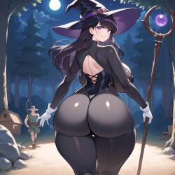 1girls ai_generated artist_zadbhell ass_focus behind_view big_ass clothes evening forest huge_ass magical_girl moon smile voluptuous_female zadbhell